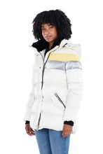 Load image into Gallery viewer, High-end Canadian designer winter coat for women in shiny &quot;silver egg&quot; white colour. Woodpecker vegan winter coat designed in Canada. Women&#39;s heavy weight medium length premium designer jacket for winter. Superior quality warm winter coat for women.
