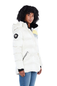 High-end Canadian designer winter coat for women in shiny &quot;silver egg&quot; white colour. Woodpecker vegan winter coat designed in Canada. Women's heavy weight medium length premium designer jacket for winter. Superior quality warm winter coat for women.