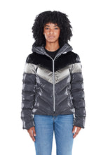 Load image into Gallery viewer, High-end Canadian designer winter coat for women in shiny &quot;magnum&quot; grey colour. Woodpecker vegan winter coat designed in Canada. Women&#39;s medium weight long length premium designer jacket for winter. Superior quality warm winter coat for women.
