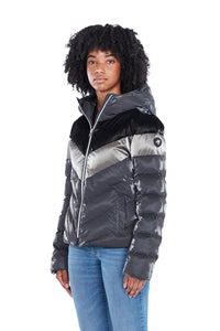 High-end Canadian designer winter coat for women in shiny &quot;magnum&quot; grey colour. Woodpecker vegan winter coat designed in Canada. Women's medium weight long length premium designer jacket for winter. Superior quality warm winter coat for women.