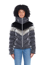 Load image into Gallery viewer, High-end Canadian designer winter coat for women in shiny &quot;magnum&quot; grey colour. Woodpecker vegan winter coat designed in Canada. Women&#39;s medium weight long length premium designer jacket for winter. Superior quality warm winter coat for women.
