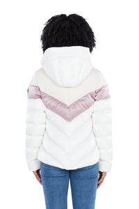 High-end Canadian designer winter coat for women in shiny &quot;sno pony&quot; pink colour. Woodpecker vegan winter coat designed in Canada. Women's medium weight long length premium designer jacket for winter. Superior quality warm winter coat for women.