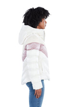 Load image into Gallery viewer, High-end Canadian designer winter coat for women in shiny &quot;sno pony&quot; pink colour. Woodpecker vegan winter coat designed in Canada. Women&#39;s medium weight long length premium designer jacket for winter. Superior quality warm winter coat for women.
