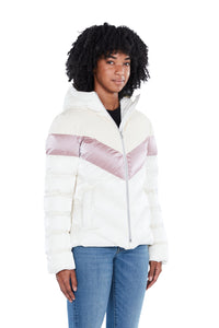 High-end Canadian designer winter coat for women in shiny &quot;sno pony&quot; pink colour. Woodpecker vegan winter coat designed in Canada. Women's medium weight long length premium designer jacket for winter. Superior quality warm winter coat for women.